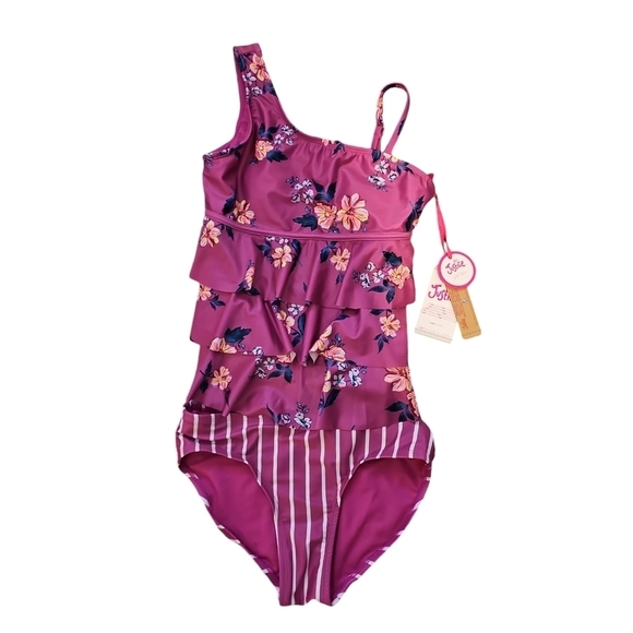 Justice sz large 12/14 two piece tankini swimsuit new with tags pink floral - Picture 4 of 6
